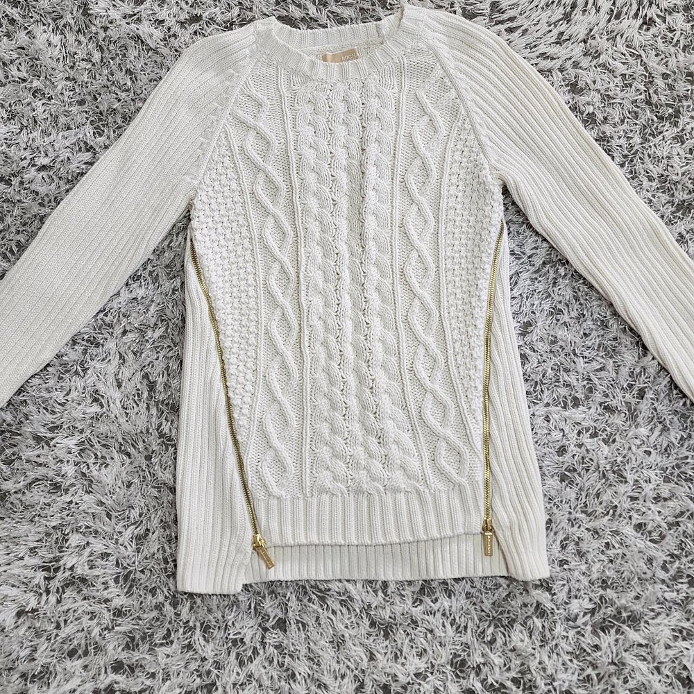 Michael Kors cream cable knit ribbed gold zipper side long sleeve sweater size S